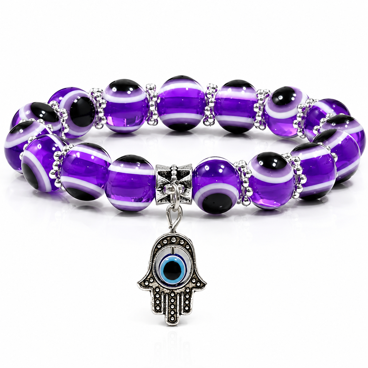 Purple Evil Eye Bead Bracelet With Hamsa Hand