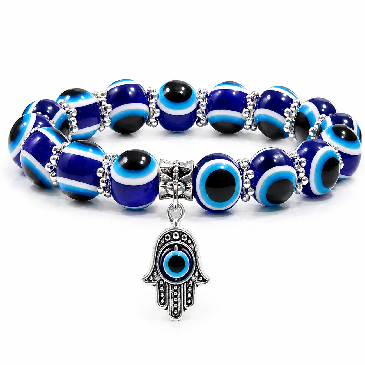 Blue Evil Eye Bead Bracelet With Hamsa Hand