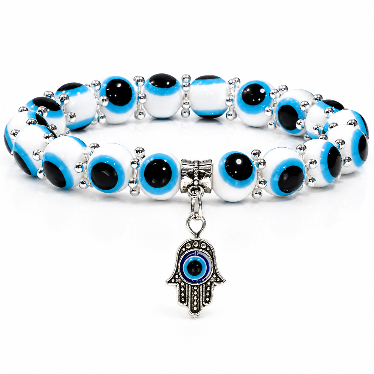 White Evil Eye Bead Bracelet With Hamsa Hand