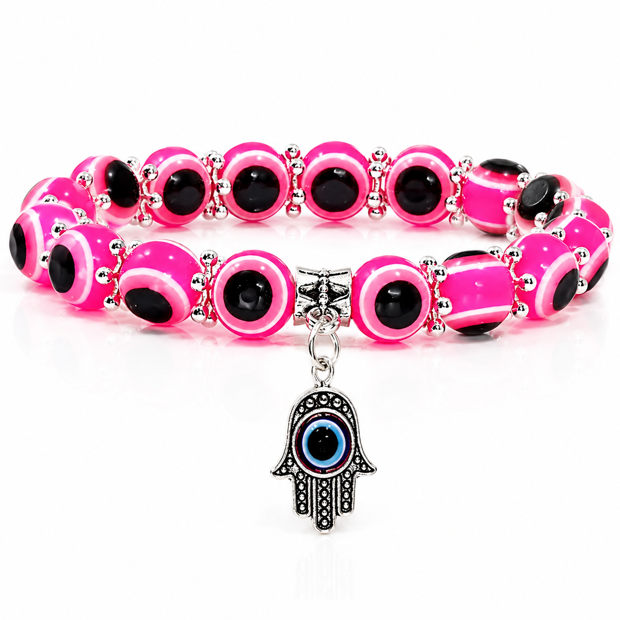 Hot Pink Evil Eye Bead Bracelet With Hamsa Hand