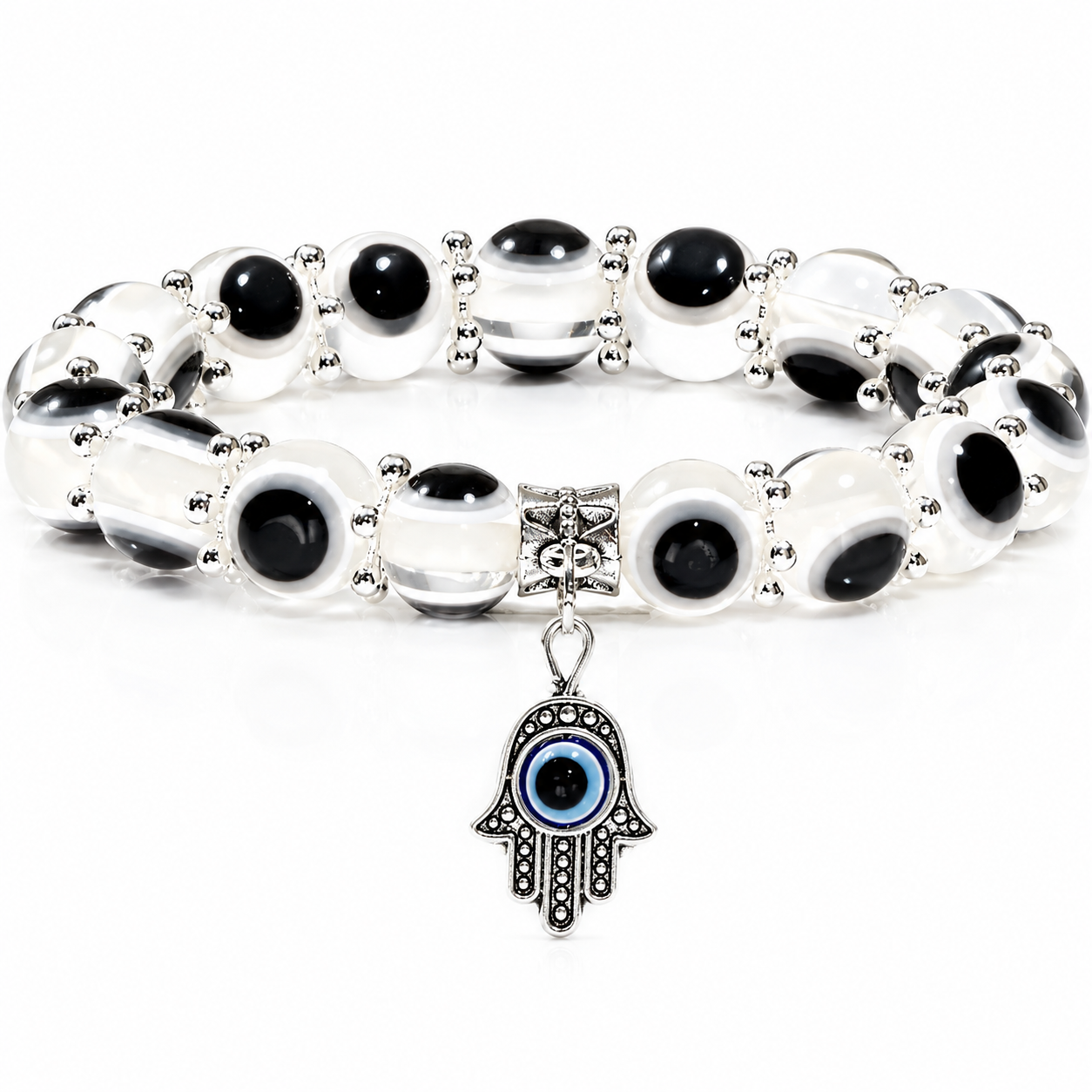 Clear Evil Eye Bead Bracelet With Hamsa Hand