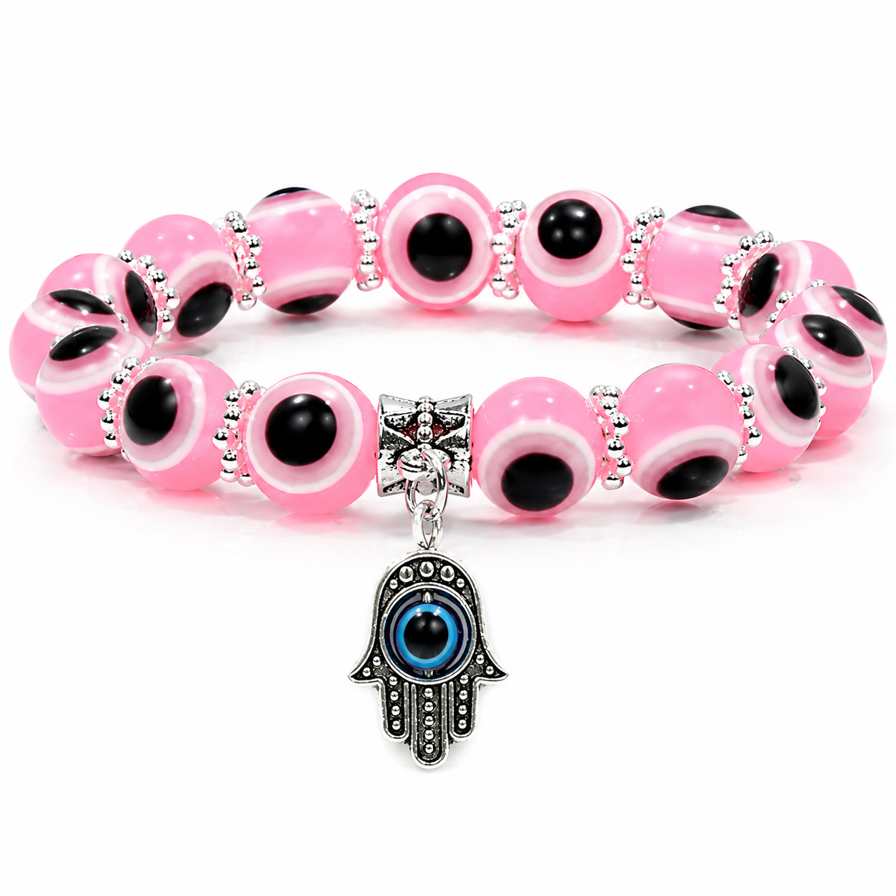 Light Pink Evil Eye Bead Bracelet With Hamsa Hand