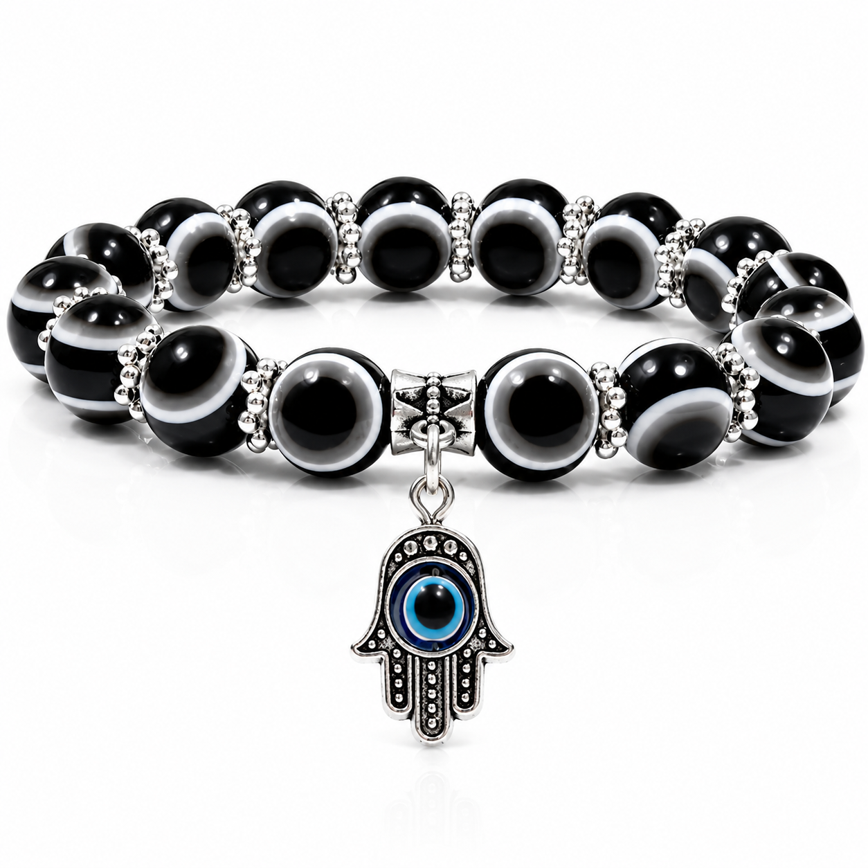 Black Evil Eye Bead Bracelet With Hamsa Hand