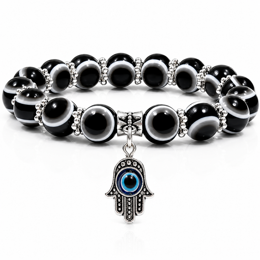 Black Evil Eye Bead Bracelet With Hamsa Hand