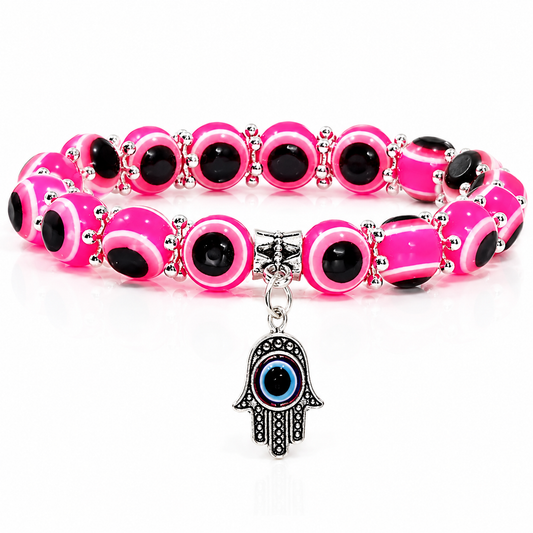 Hot Pink Evil Eye Bead Bracelet With Hamsa Hand