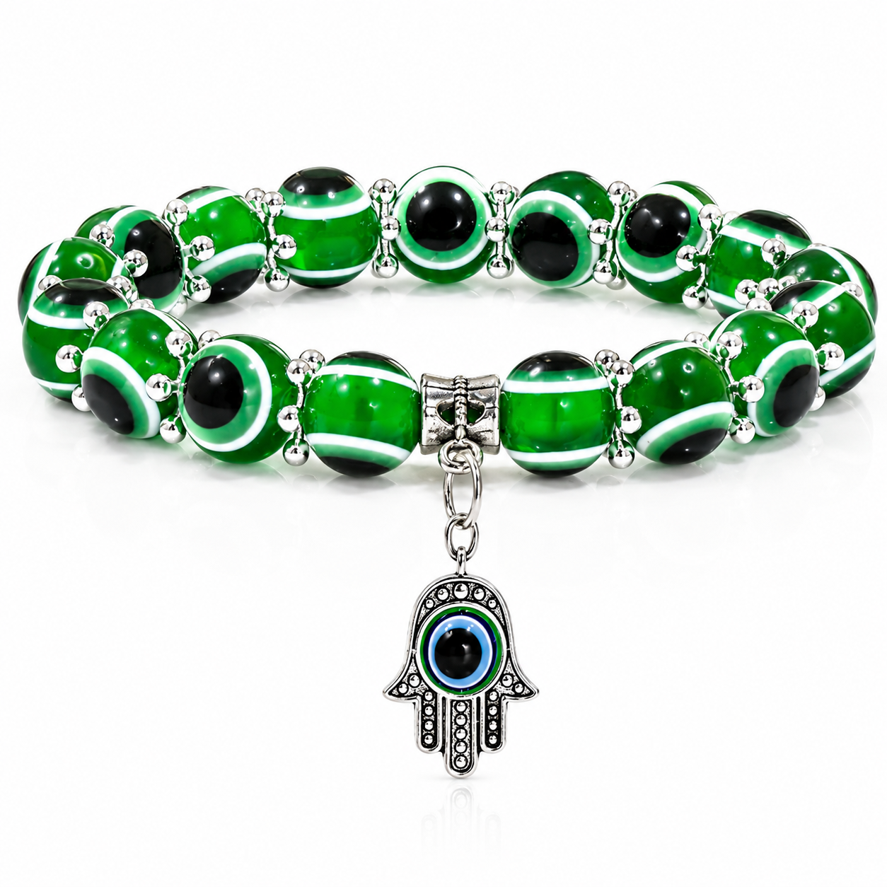 Green Evil Eye Bead Bracelet With Hamsa Hand