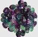 A close-up of tumbled fluorite with shades of purple, blue, and green.