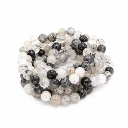 “Tourmalinated Quartz crystal bead bracelet 8mm stones”