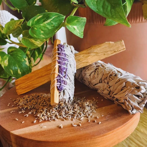 White Sage, Palo Santo, and Lavender Sage bundles, ideal for smudging, cleansing, and relaxation.