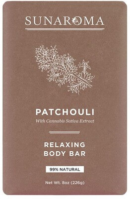 "Sunaroma Patchouli Soap bar, featuring a rich, earthy scent and moisturizing properties."