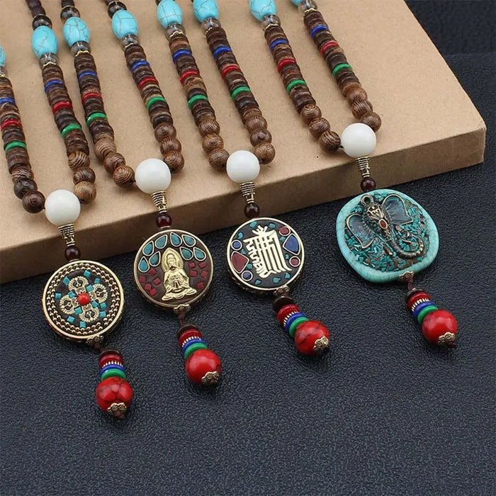 Ethnic Wooden Bead Long Lucky Necklace  