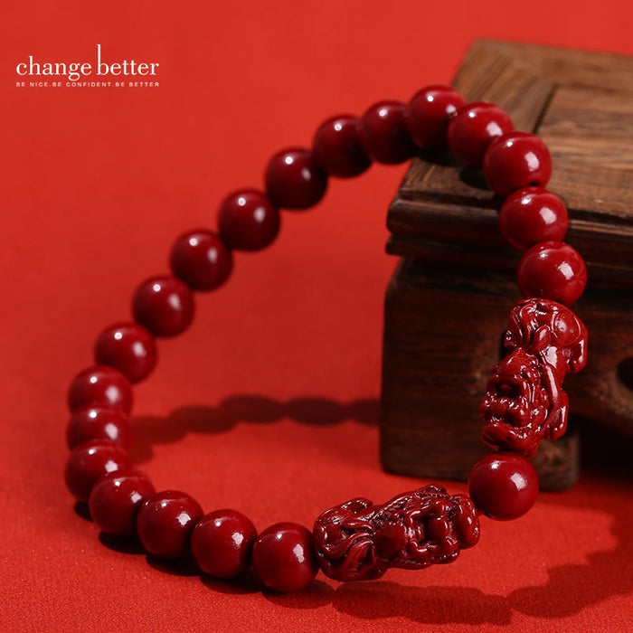 Change Better Natural Purple Cinnabar Pixiu Wealth Bracelet - Unisex Stretch Bangle for Feng Shui, Healing, and Good Luck