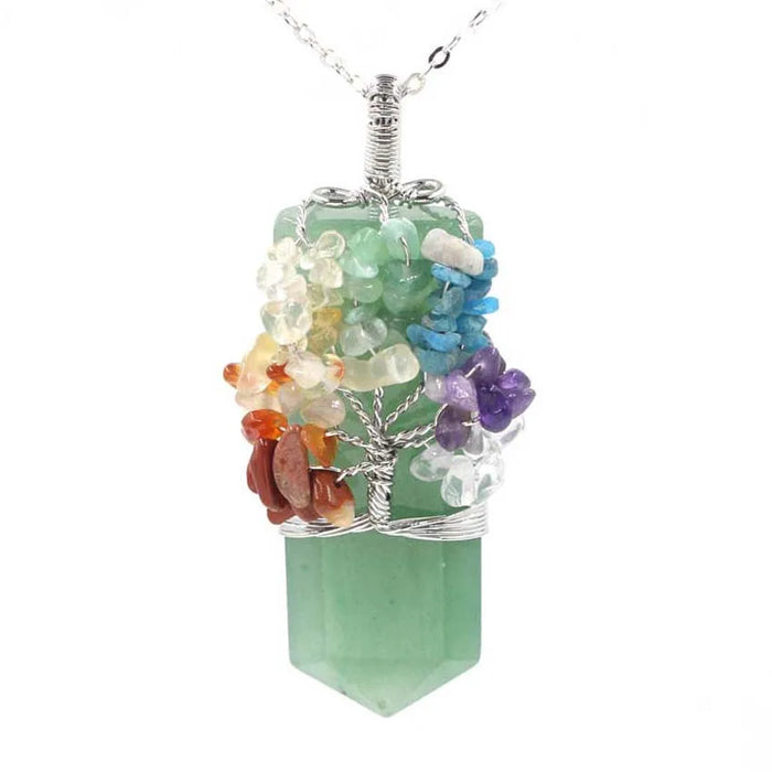 Natural Crystal 7 Chakra Tree of Life Wire Wrapped Necklace