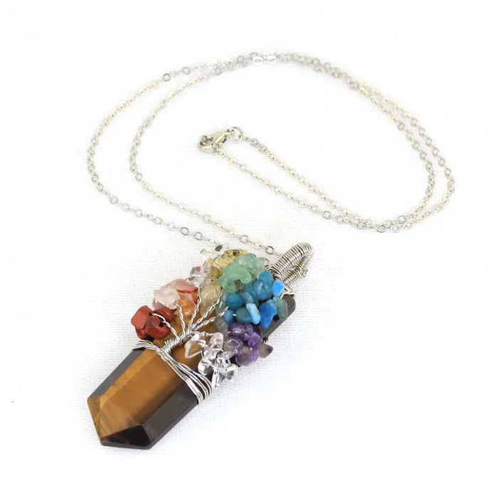 Natural Crystal 7 Chakra Tree of Life Wire Wrapped Necklace