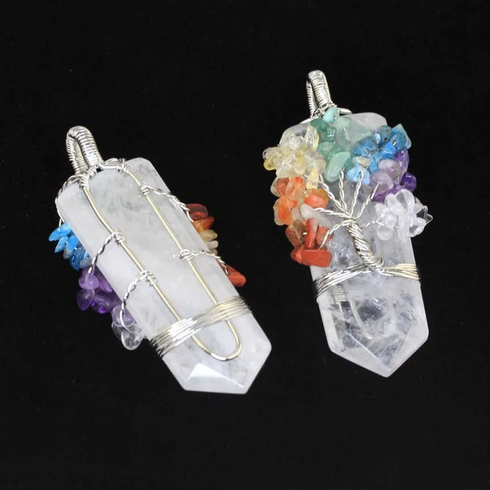 Natural Crystal 7 Chakra Tree of Life Wire Wrapped Necklace