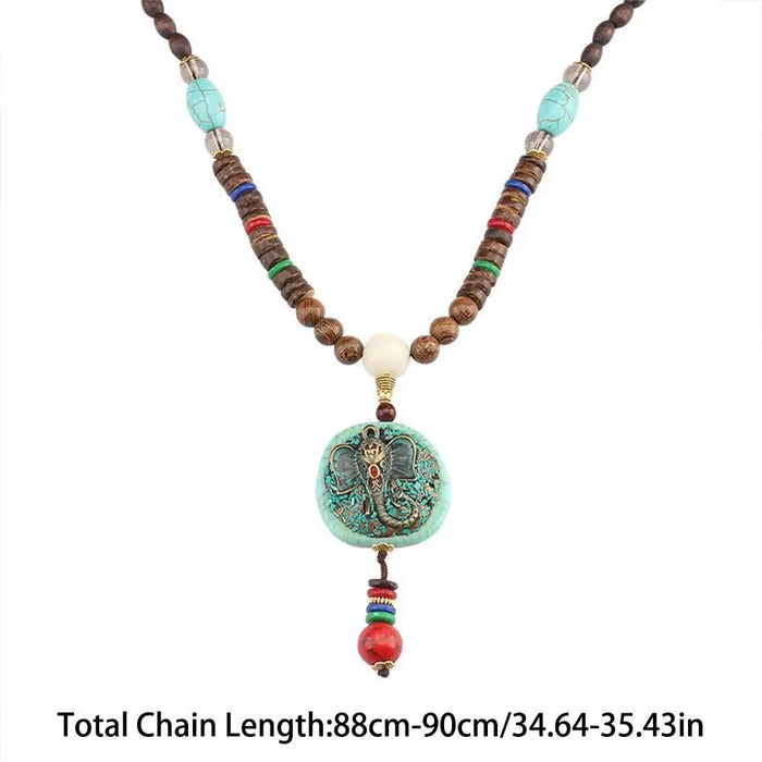 Ethnic Wooden Bead Long Lucky Necklace  