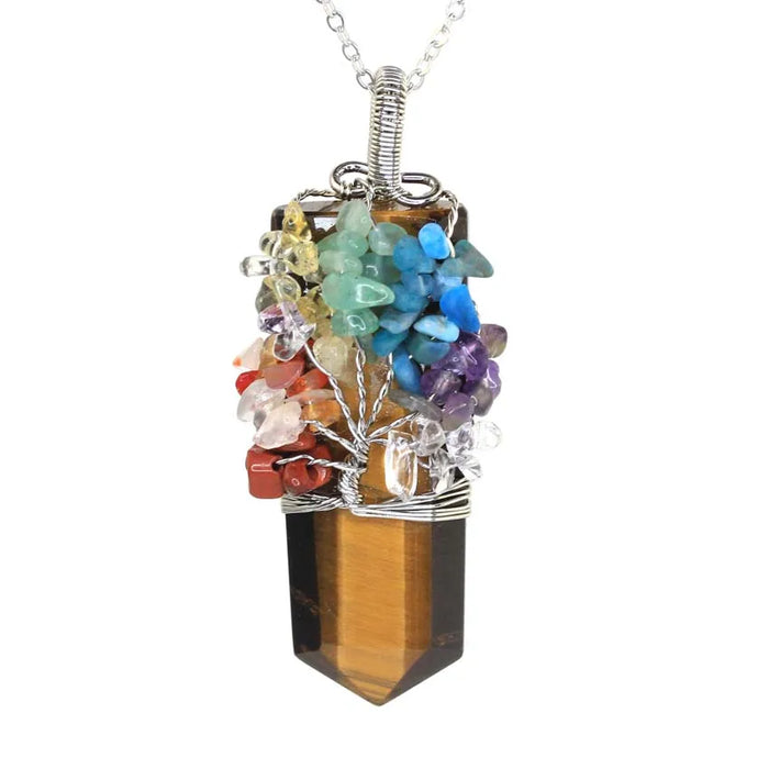 Natural Crystal 7 Chakra Tree of Life Wire Wrapped Necklace