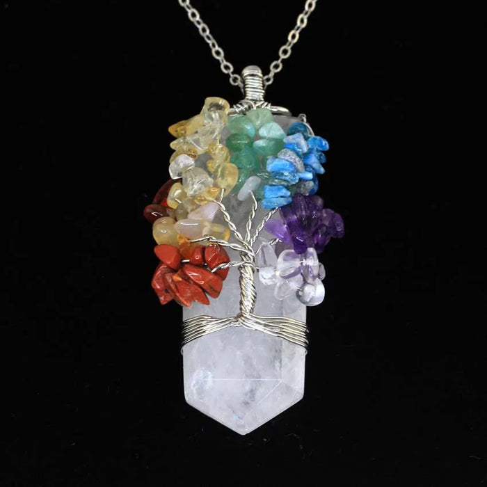 Natural Crystal 7 Chakra Tree of Life Wire Wrapped Necklace