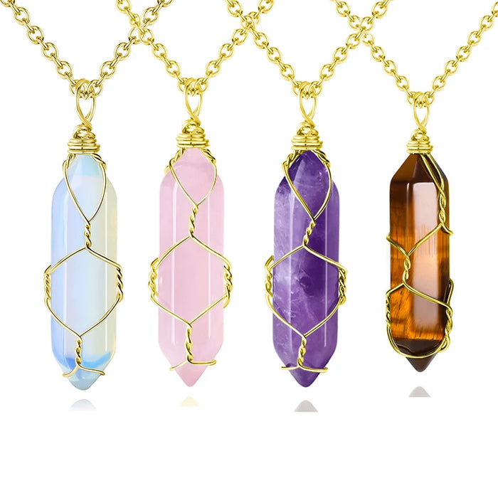 Natural Stone Hexagonal Pointed Bullet Shape Necklace