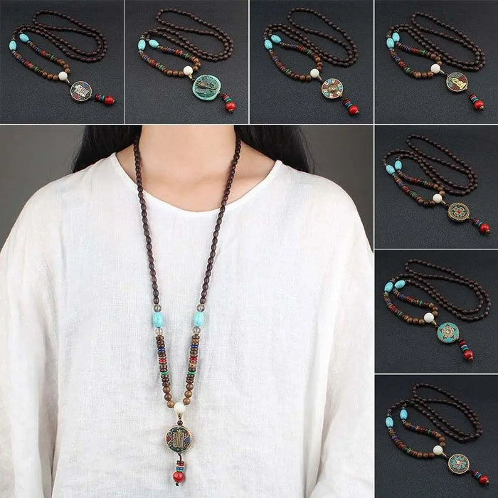 Ethnic Wooden Bead Long Lucky Necklace  