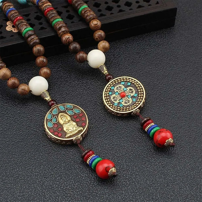 Ethnic Wooden Bead Long Lucky Necklace  