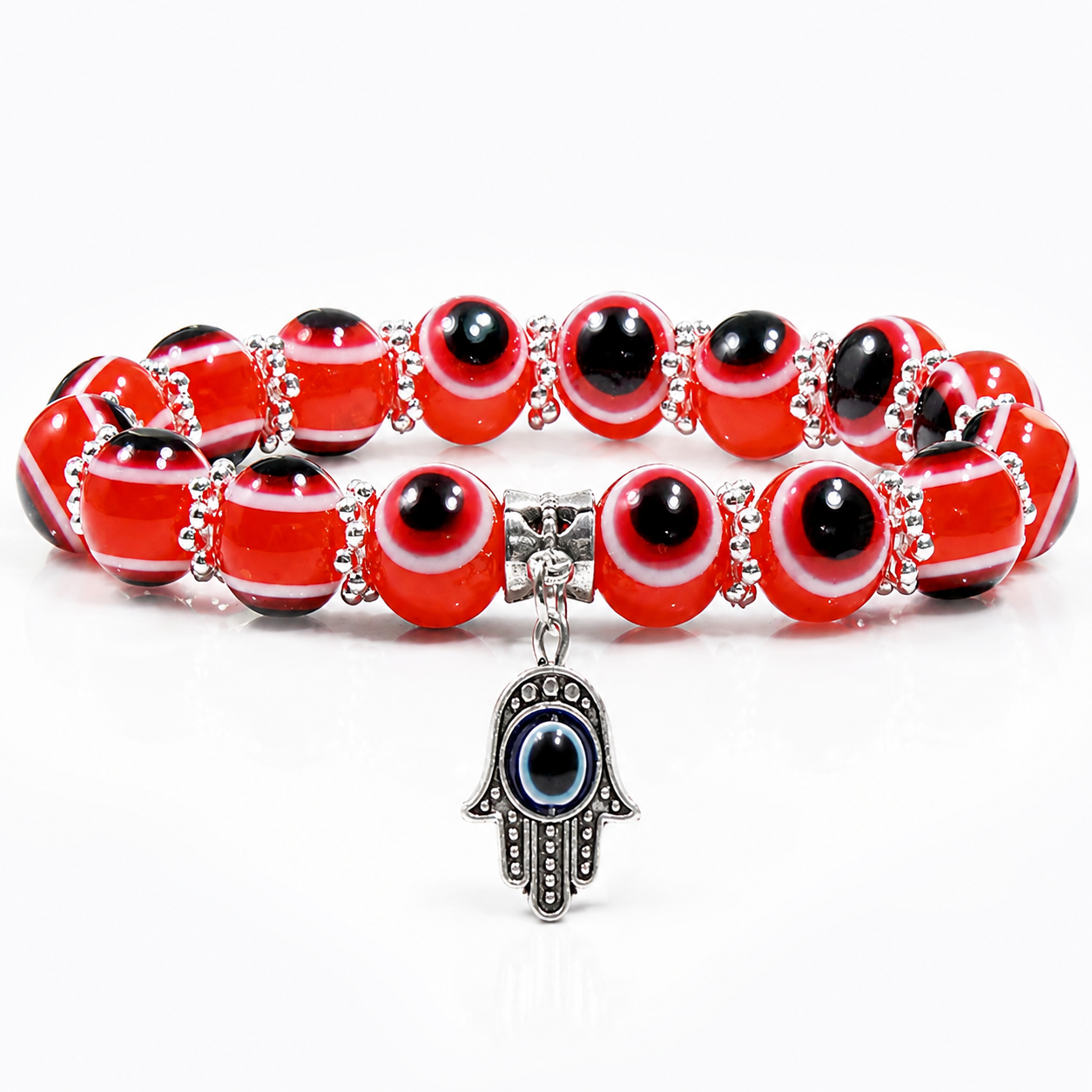 Red Evil Eye Bead Bracelet With Hamsa Hand