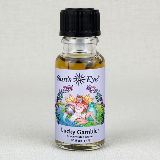 A bottle of Lucky Gambler Oil with a four-leaf clover